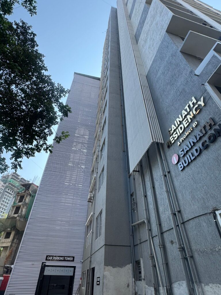 Angled elevation view of the horizontal Upvc Fins on the car parking tower, Sainath Residency, Bhandup