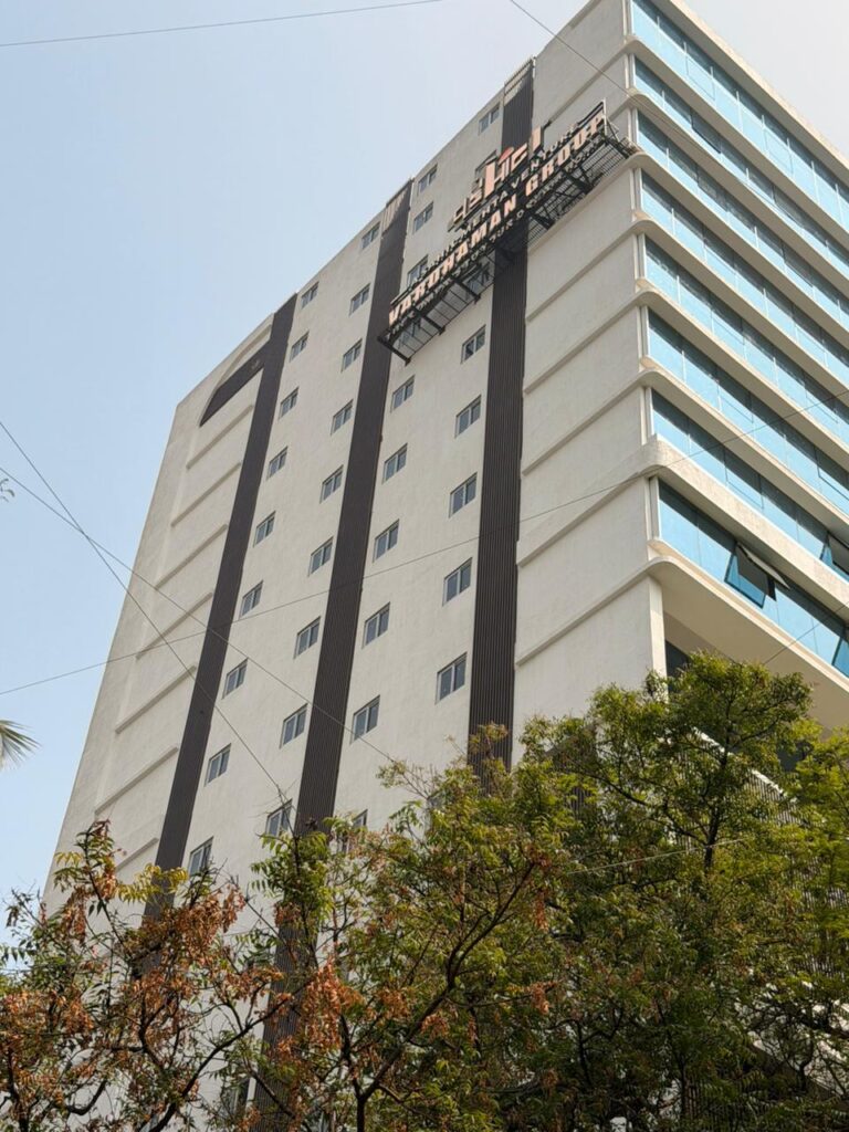 Wide view of the Vardhaman Business Bay signage wall in Upvc fin cladding, Ghatkopar