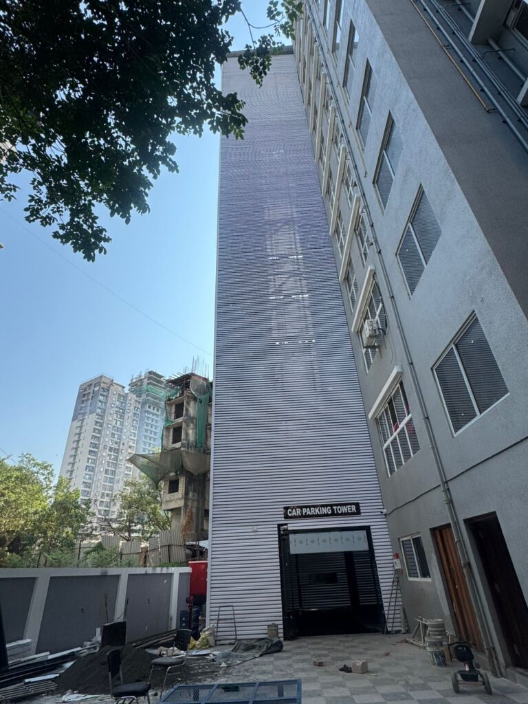 Full-height elevation of the Upvc fin-clad car parking tower at Sainath Residency, Bhandup