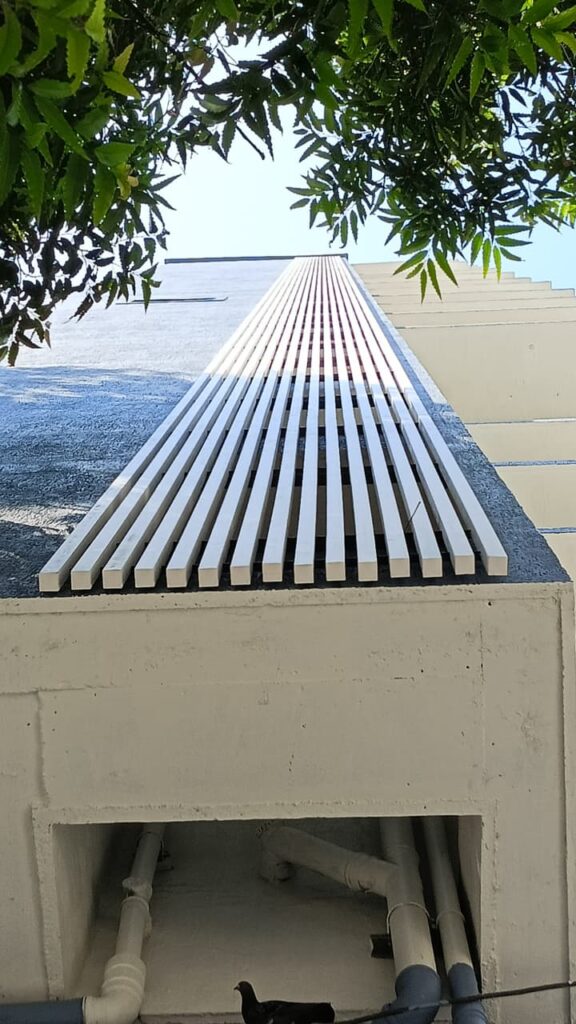 Full-height Upvc fin duct screen on the tower corner, Bhaveshawar Heights, Dahisar