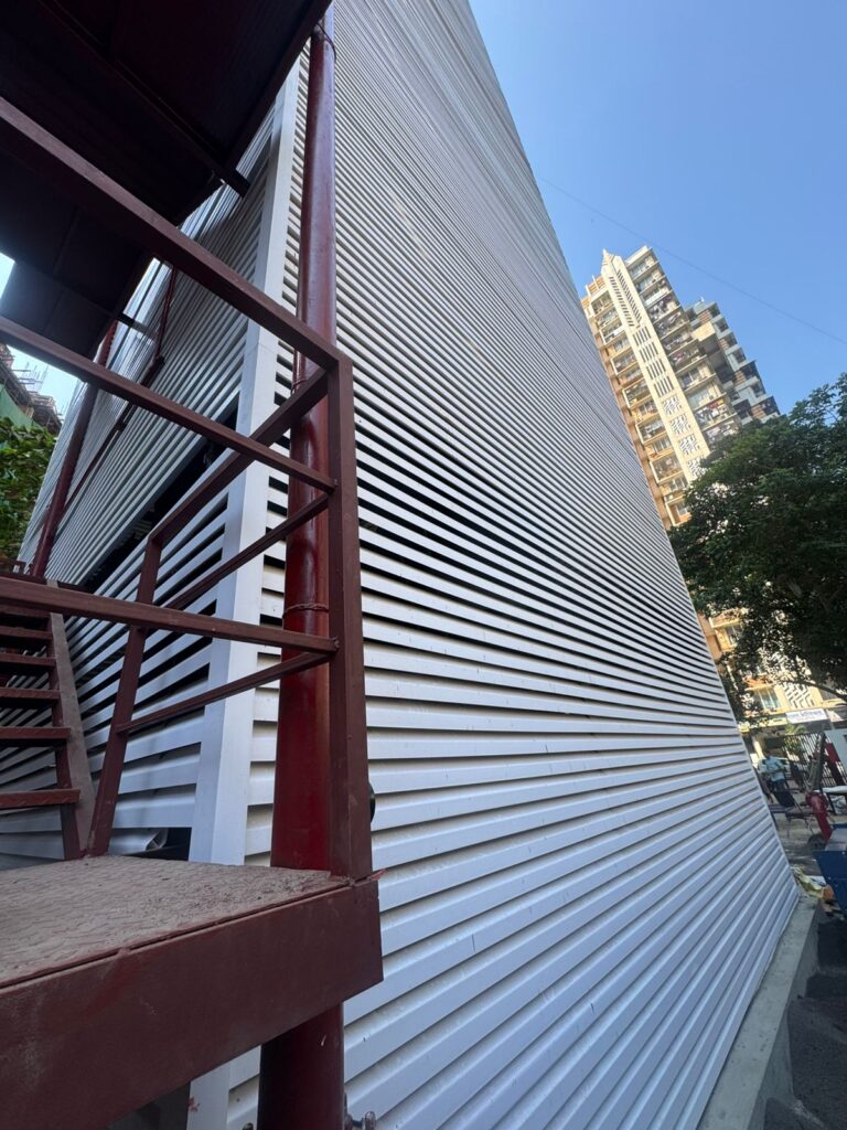 Car Parking Tower entrance clad in white diamond Upvc Fins at Sainath Residency, Bhandup, Mumbai