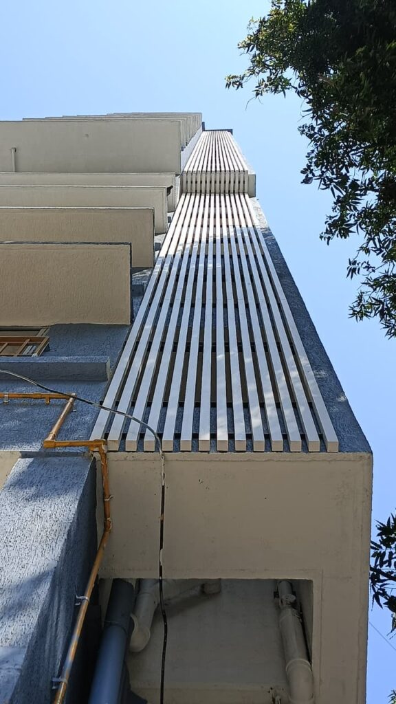 White Upvc fin duct screen beside the balcony line at Bhaveshawar Heights, Dahisar